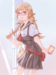  absurdres alternate_hairstyle bespectacled blonde_hair blush book braid glasses highres long_hair md5_mismatch monogatari_(series) oshino_shinobu red-framed_eyewear school_uniform smile solo twin_braids yellow_eyes yoshikawa_kazunori 