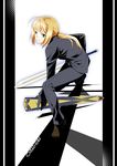  ahoge artoria_pendragon_(all) avalon_(fate/stay_night) bad_id bad_pixiv_id black_gloves blonde_hair copyright_name excalibur fate/zero fate_(series) formal gloves green_eyes hair_ribbon highres long_hair maccyman pant_suit pillarboxed ponytail ribbon saber solo suit sword weapon 
