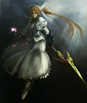  brown_hair gauntlets gloves long_hair lyrical_nanoha mahou_shoujo_lyrical_nanoha raising_heart skirt skirt_set solo staff takamachi_nanoha twintails vest wagashi_(okashina) weapon 