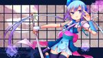  aoki_lapis blue_eyes blue_hair bow fingerless_gloves fishnets gloves hair_bow highres japanese_clothes long_hair ninja shinryou_rei short_hair solo sword thighhighs very_long_hair vocaloid weapon 