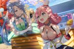  2girls autumn blue_hair breasts building choker cleavage clouds elbow_gloves gloves green_eyes halo hat hyuuga_azuri ice_cream long_hair park pink_hair shade short_hair sky tagme_(character) tree yellow_eyes 