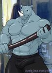  anthro biceps big_muscles big_penis bulge huge_muscles looking_at_viewer male mammal manya muscles pecs penis pose rhinoceros solo topless weapon 