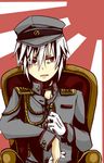  accelerator aiguillette asuta1102 bad_id bad_pixiv_id chair gloves hat holding male_focus military military_uniform peaked_cap red_eyes rising_sun sitting solo sunburst to_aru_majutsu_no_index uniform white_gloves white_hair 