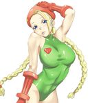  bad_id bad_pixiv_id bare_shoulders beret blue_eyes bombomb25 braid breasts cammy_white gauntlets green_leotard hat large_breasts leotard lips long_hair simple_background solo street_fighter twin_braids 