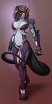  anthro armor bipedal breasts female grin hair looking_at_viewer nikth piranhapettingzoo plain_background purple_eyes reptile scalie short_hair snake solo standing thick_tail 