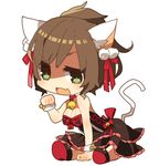  animal_ears bare_shoulders bell bell_collar breasts brown_hair cat_ears cat_tail chibi cleavage collar dress garter_belt green_eyes hair_ribbon idolmaster idolmaster_cinderella_girls maekawa_miku medium_breasts open_mouth ponytail red_legwear ribbon sitting smile solo tail thighhighs touhiko wrist_cuffs 