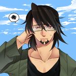  bad_id bad_pixiv_id bespectacled blush brown_eyes brown_hair facial_hair glasses hand_behind_head hayashi_(gz) male_focus solo stubble sweat tiger_&amp;_bunny 