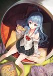  3: ahoge banned_artist bare_legs barefoot blue_eyes blue_hair denpa_onna_to_seishun_otoko eating egg_chair floral_print food from_above futon holding_pizza long_hair off_shoulder open_clothes paseri pillow pizza pizza_box school_uniform sitting skirt solo touwa_erio 