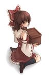  bare_shoulders bow box brown_eyes brown_hair detached_sleeves donation_box hair_bow hair_tubes hakurei_reimu highres long_hair sitting smile solo touhou wariza xiao_qiang_(overseas) 