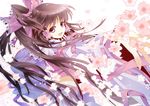  :d arm_ribbon aya003030 bandages bangs bow brown_eyes brown_hair cherry_blossoms detached_sleeves floating_hair hair_bow hair_tubes hakurei_reimu long_hair looking_at_viewer looking_back midriff open_mouth outstretched_arms outstretched_hand ribbon ribbon-trimmed_sleeves ribbon_trim sarashi shiny shiny_hair shirt skirt skirt_set smile solo touhou very_long_hair wide_sleeves 
