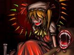  ascot blonde_hair candle empty_eyes fangs flandre_scarlet hat horror_(theme) open_mouth saliva side_ponytail smile solo stuffed_animal stuffed_toy teddy_bear touhou verynezumi wings 