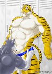  anthro biceps big_muscles body_markings canine clothing duo feline fellatio fur gay grin huge_muscles locker locker_room male mammal manly manya markings muscles nipples oral oral_sex pecs sex sucking tiger vein wolf 