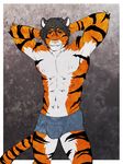  anthro arms_behind_head biceps black_fur black_hair body_markings boxer_briefs boxers bulge feline flexing fur grin hair looking_at_viewer male mammal markings muscles nipples orange_eyes orange_fur pecs pose shootingstar smile solo standing stripes tiger topless underwear white_fur 