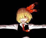  :d black black_background blonde_hair dark hair_over_one_eye hair_ribbon kawashina_(momen_silicon) light_trail long_sleeves looking_at_viewer necktie open_mouth outstretched_arms red_neckwear ribbon rumia short_hair smile solo spread_arms touhou 