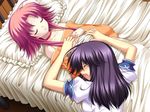  -hearts- 2girls bed game_cg long_hair mercuria mercuria_-mizu_no_miyako_ni_koi_no_hanataba_wo- mitsumomo_mamu multiple_girls open_mouth pillow purple_hair red_hair tears 