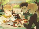  2boys ahoge alcohol artoria_pendragon_(all) bad_id bad_pixiv_id black_hair blonde_hair blush bracelet bread eating fate/zero fate_(series) food formal gilgamesh green_eyes gyoe jewelry lancer_(fate/zero) multiple_boys necklace pant_suit pasta ponytail red_eyes saber salad soup spaghetti suit wine yellow_eyes 