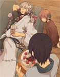  2boys ^_^ black_hair brown_hair cake candy closed_eyes double_bun food gintama grin hadanugi_dousa happy_birthday holding japanese_clothes kagura_(gintama) kimono kneeling lollipop long_sleeves lying multiple_boys on_back sakata_gintoki saliva shimura_shinpachi short_sleeves sleeping smile sweets white_hair yaruse 