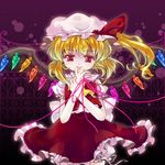  arms_up ascot blonde_hair bloomers bow eyelashes flandre_scarlet frills gate hand_on_own_face hands_together hat hat_ribbon iris_anemone looking_at_viewer open_hand own_hands_together purple_background red_eyes red_string ribbon shirt short_hair short_sleeves side_ponytail skirt smile solo standing string thread touhou underwear vest wind wings 