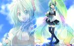  2008 :d boots cloud detached_sleeves gradient_hair hatsune_miku headset highres long_hair melt_(vocaloid) multicolored multicolored_hair necktie open_mouth puddle rainbow_hair sato-pon skirt sky smile thigh_boots thighhighs transparent transparent_umbrella twintails umbrella very_long_hair vocaloid zoom_layer 