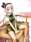  animal_ears bare_legs blue_eyes cherry_blossoms fake_animal_ears g.h_(gogetsu) katana konpaku_youmu petals scabbard sheath sheathed short_hair silver_hair sitting solo sword touhou weapon 