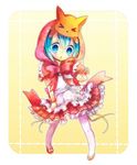  &gt;_&lt; :o animal animal_on_head apron aqua_eyes aqua_hair bangs blush bow bracelet chibi cosplay dotted_line dress frilled_dress frilled_sleeves frills full_body hair_between_eyes hatsune_miku hood hood_up hoodie jewelry kairi_(oro-n) legs_apart little_red_riding_hood little_red_riding_hood_(grimm) little_red_riding_hood_(grimm)_(cosplay) looking_at_viewer mikuzukin_(module) on_head open_mouth pantyhose project_diva_(series) project_diva_2nd puffy_short_sleeves puffy_sleeves red_bow red_hood ribbon rounded_corners short_sleeves solo standing stitches vocaloid white_legwear yellow_background yellow_ribbon 