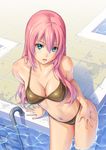  aqua_eyes arm_rest bikini breasts cleavage hand_on_own_thigh highres long_hair looking_at_viewer looking_up medium_breasts megurine_luka navel open_mouth pinakes pink_hair pool pool_ladder poolside sitting soaking_feet solo swimsuit vocaloid wet 