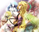  2boys 3girls ahoge blue_hair breasts coat detached_sleeves gnome goggles green_hair ifrit midriff milla_maxwell multicolored_hair multiple_boys multiple_girls navel red_eyes scarf skirt sylph tales_of_(series) tales_of_xillia undine yellow_eyes 