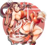  ass bare_shoulders breasts brown_eyes brown_hair closed_fan covered_nipples dual_wielding fan fatal_fury fingerless_gloves folding_fan gloves holding japanese_clothes large_breasts legs leotard long_hair open_mouth panties ponytail red_leotard shiranui_mai sideboob solo the_king_of_fighters thighs thong_leotard toshi twisted_torso underwear 