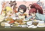  :t akemi_homura black_hair blonde_hair bone bow drill_hair eating food hair_bow hair_ribbon homu jpeg_artifacts lobster long_hair mahou_shoujo_madoka_magica meat multiple_girls name_john onigiri pasta ponytail purple_eyes red_hair ribbon rice sakura_kyouko school_uniform spaghetti tomoe_mami twin_drills twintails 