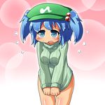  alternate_costume blue_eyes blush bottomless breasts clothes_tug covering covering_crotch embarrassed green_shirt hair_bobbles hair_ornament hat jinnouchi_akira kawashiro_nitori medium_breasts naked_sweater no_pants ribbed_sweater shirt short_hair simple_background solo sweater sweater_tug touhou two_side_up 