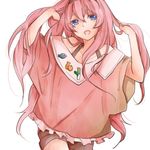  :d bad_id bad_pixiv_id badge blue_eyes button_badge hairband long_hair megurine_luka minmii_(minmi078) off_shoulder open_mouth pink_hair shorts smile solo very_long_hair vocaloid 