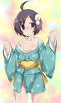  ahoge araragi_tsukihi bad_id bad_pixiv_id bare_shoulders black_eyes black_hair blush breasts fried_egg hair_ornament japanese_clothes kimono monogatari_(series) nipple_slip nipples nisemonogatari no_bra short_hair small_breasts solo yumesato_makura 