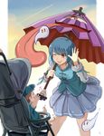  :p baby bad_id bad_pixiv_id bare_legs barefoot blue_hair ghost highres hitodama karakasa_obake kazumania leaning_forward musical_note one_eye_closed oriental_umbrella purple_umbrella red_eyes short_hair skirt smile stroller tatara_kogasa tongue tongue_out touhou umbrella 