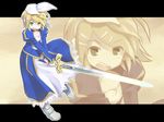  artoria_pendragon_(all) blonde_hair blue_eyes cosplay dress excalibur fate/stay_night fate_(series) hair_ornament hairclip kagamine_rin saber saber_(cosplay) short_hair solo sword tewarusa vocaloid weapon zoom_layer 