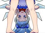  :p barefoot bent_over blue_eyes blue_hair bow cirno double_v from_behind hair_bow ice ice_wings iromeki_overdrive kneepits long_hair out-of-frame_censoring solo tongue tongue_out touhou v wings 