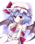  bat_wings blue_hair bow brooch dress frilled_dress frilled_shirt_collar frills hair_ribbon hat jewelry mob_cap mount_whip pink_dress red_bow red_eyes red_ribbon remilia_scarlet ribbon short_hair skirt skirt_set smile solo touhou wings 