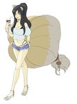  ahri animal_ears black_hair bracelet breasts casual cleavage contemporary cup cutoffs facial_mark fox_ears fox_tail gin_(miturugizin) highres jewelry large_breasts league_of_legends long_hair midriff multiple_tails panties sandals short_shorts shorts tail underwear whisker_markings yellow_eyes 