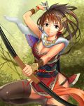  armpits arrow bad_id bad_pixiv_id bow_(weapon) breasts brown_eyes brown_hair bushin_renkei_zero cape cleavage fur fur_cape huaman large_breasts long_hair shijima_(tanfn) smile solo thighhighs weapon 