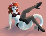 bra cat clothed clothing feline female flower garter_straps hair legwear lingerie looking_at_viewer mammal pinup pose red_hair skimpy solo stockings underwear whiskers wingedwolf 