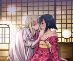  bare_shoulders blonde_hair blue_eyes blush breasts chin_grab clara_(clockwork) cleavage clockwork_(manga) colored_eyelashes dress floral_print imminent_kiss indoors japanese_clothes katsu_itsu kimono long_hair multiple_girls obi off_shoulder official_art puffy_sleeves sash short_hair small_breasts takano_saku unmoving_pattern yuri 