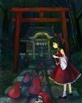  ascot black_hair bow broom daruma_doll detached_sleeves hair_bow hair_tubes hakurei_reimu kinosaki rope shide shimenawa shrine solo torii touhou 