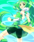  bad_id bad_pixiv_id bike_shorts blush cure_march dress green green_background green_eyes green_hair green_shorts green_skirt keikotsu long_hair looking_back magical_girl midorikawa_nao precure shorts shorts_under_skirt skirt smile_precure! solo tri_tails very_long_hair wind 