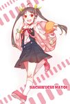  backpack bag bakemonogatari baronet black_hair character_name hachikuji_mayoi hairband highres long_hair monogatari_(series) orange_eyes school_uniform socks solo twintails 