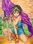  bad_id bad_pixiv_id belt black_hair blue_eyes boots breasts cape circlet cleavage dragon_quest dragon_quest_iii dress gloves kami_musume kneeling medium_breasts roto short_hair strapless strapless_dress sword weapon 