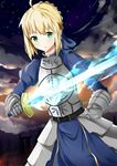  ahoge armor armored_dress artoria_pendragon_(all) bad_id bad_pixiv_id blonde_hair dress excalibur fate/zero fate_(series) gauntlets glowing glowing_sword glowing_weapon green_eyes hair_ribbon r_star ribbon saber solo sword weapon 