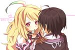  1boy 1girl ahoge bare_shoulders black_hair choker coat detached_sleeves gloves jude_mathis milla_maxwell multicolored_hair pocky red_eyes tales_of_(series) tales_of_xillia 