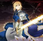  ahoge armor armored_dress artoria_pendragon_(all) bad_id bad_pixiv_id blonde_hair character_name command_spell copyright_name dress excalibur fate/zero fate_(series) glowing glowing_sword glowing_weapon green_eyes hair_ribbon kyou_zip ribbon saber solo sword weapon 