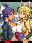  2girls ahoge animal_ears blonde_hair breast_press breasts cleavage earrings fox_ears fox_tail hair_ribbon hand_on_hip hips huster_ham izuna_(shinrabanshou) jacket jewelry large_breasts long_hair looking_at_viewer midriff multiple_girls navel purple_hair red_eyes ribbon sangankenshou_tatara shinrabanshou smile smirk symmetrical_docking tail tatarabe_tatara third_eye 