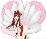  ahri animal_ears brown_hair cosplay fatal_fury fox_ears fox_tail highres league_of_legends long_hair multiple_tails pelvic_curtain shiranui_mai shiranui_mai_(cosplay) solo sweetmiu tail the_king_of_fighters yellow_eyes 