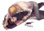  ahoge black_hair blonde_hair bracelet casual fate/zero fate_(series) gilgamesh jewelry lancer_(fate/zero) male_focus mole mole_under_eye multiple_boys naked_cat necklace sexually_suggestive white_background yellow_eyes 